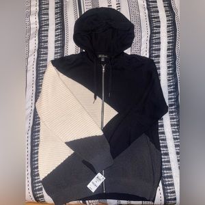 INC Mens Black / Beige Hooded Full-Zip Sweater - XL